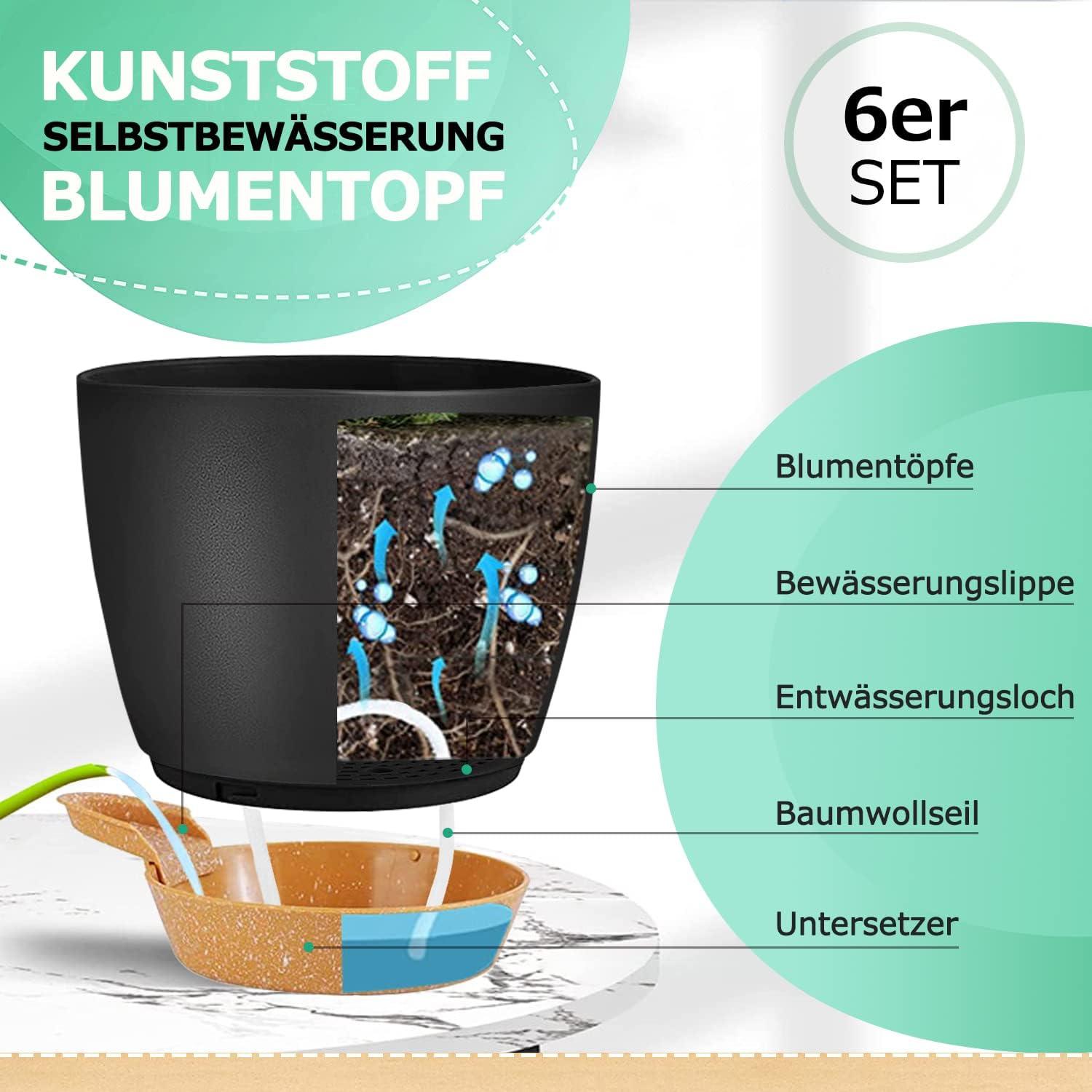 iDattel Kunststoff Blumentopf mit Untersetzer 6er-Set