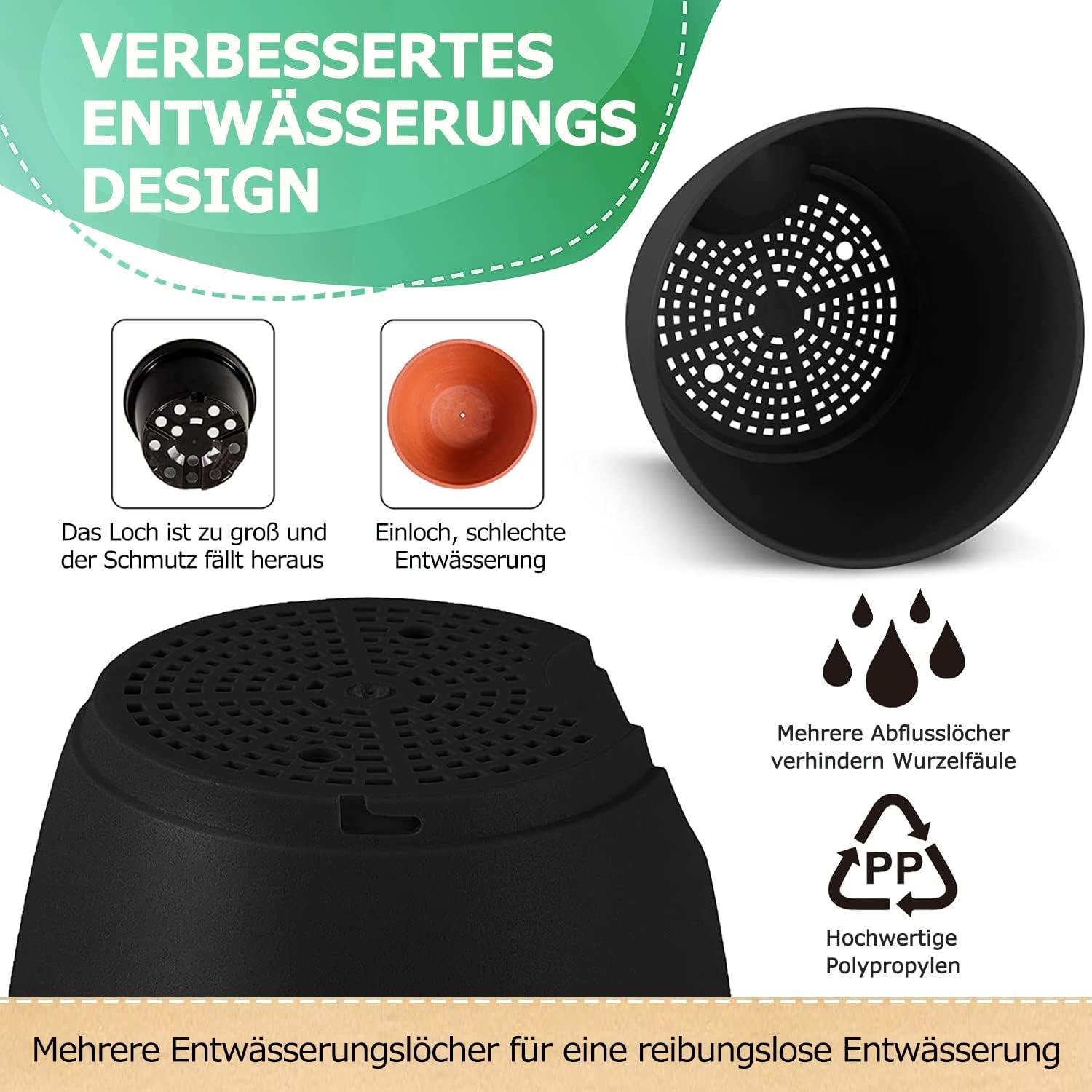 6er Set iDattel Kunststoff Blumentöpfe mit Untersetzer, Schwarz
