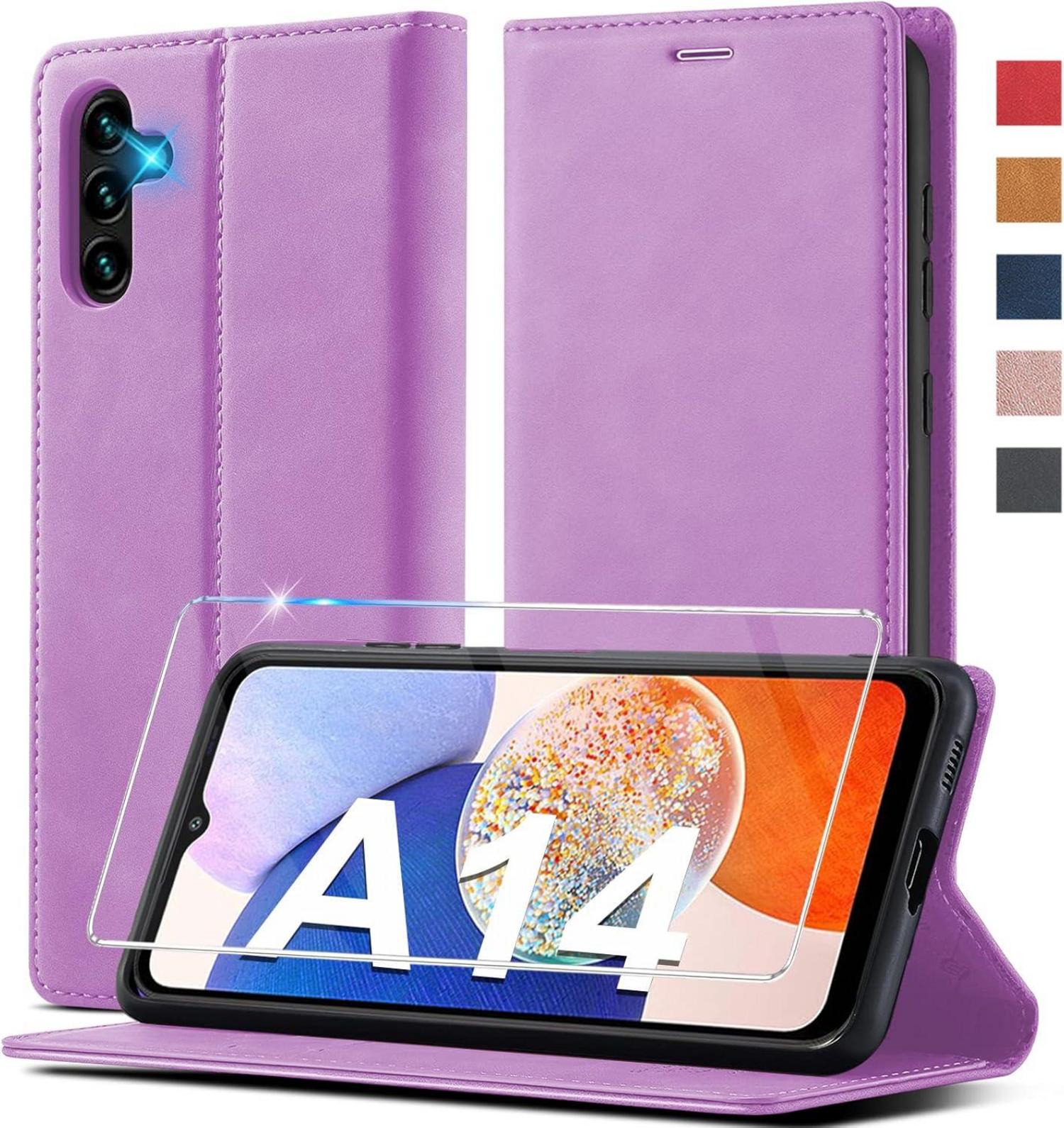 Handyhülle Samsung Galaxy A14 Schutzfolie Leder Wallet Stoßfest Purple