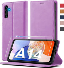 Handyhülle Samsung Galaxy A14 Schutzfolie Leder Wallet Stoßfest Purple