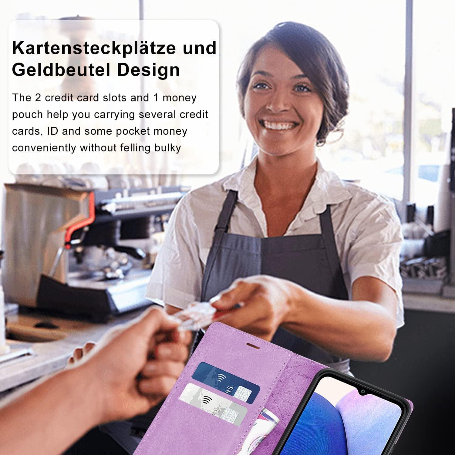Samsung Galaxy A14 Hülle Leder Flip Wallet mit Schutzfolie Purple