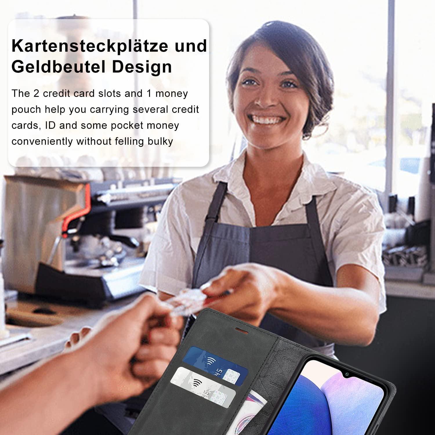 Samsung Galaxy A14 Lederhülle mit Schutzfolie und Brieftasche, Schwarz