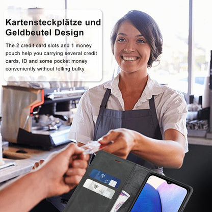 Samsung Galaxy A14 Lederhülle mit Schutzfolie und Brieftasche, Schwarz