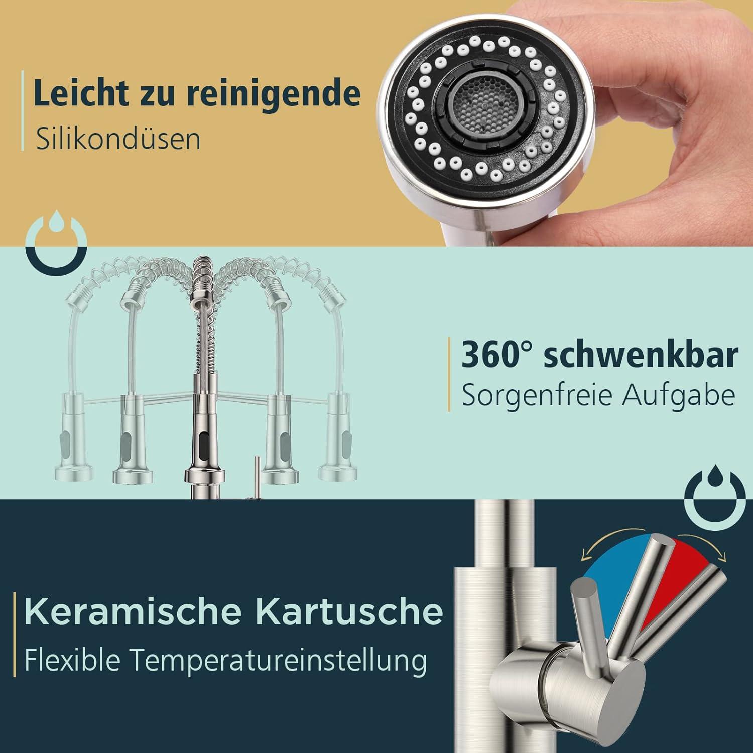 Moderne FORIOUS Küchenarmatur mit hoher Bogen-Brause 360° Edelstahl