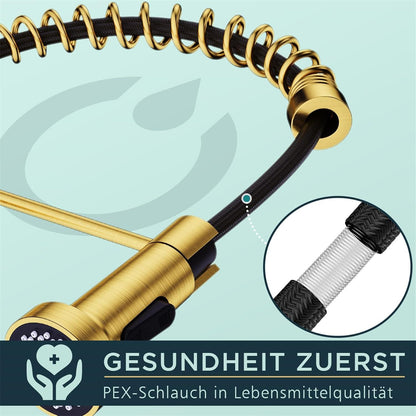 FORIOUS Wasserhahn Küche mit Herunterziehen Brause, Gebürstetes Gold, 360° Schwenkbar