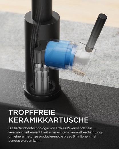 Hochdruck Küchenarmatur mit Brause, Ausziehbar, 360° Schwenkbar, Matt-schwarz