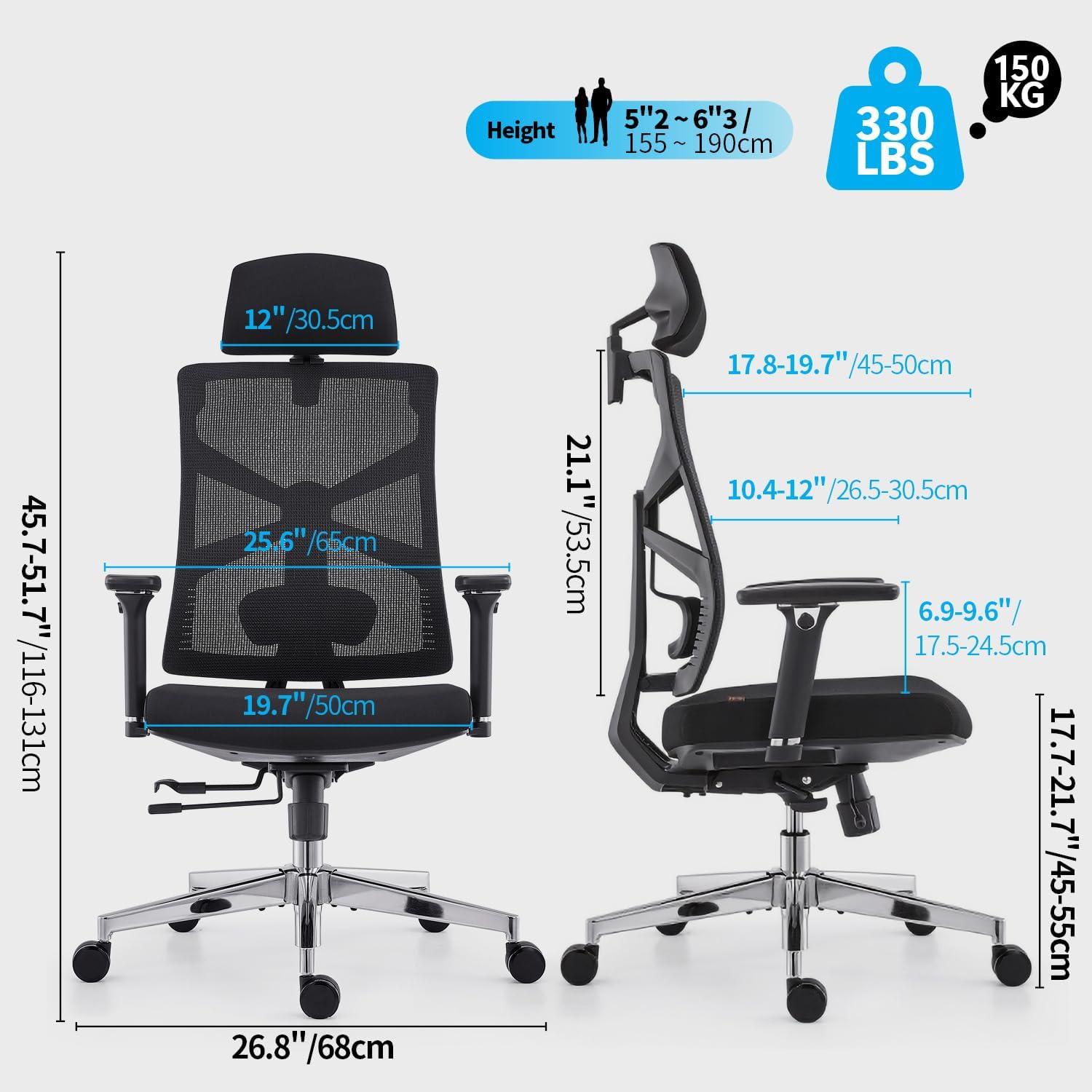 Ergonomischer Bürostuhl mit Adaptiver Rückenlehne 4D Armlehnen Schwarz