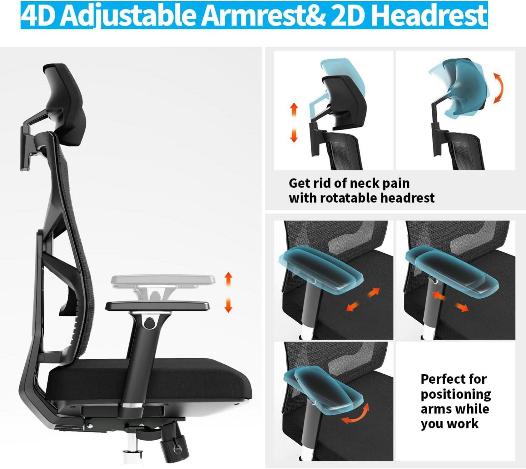 Ergonomischer Bürostuhl mit Adaptiver Rückenlehne und 4D Armlehnen, Schwarz