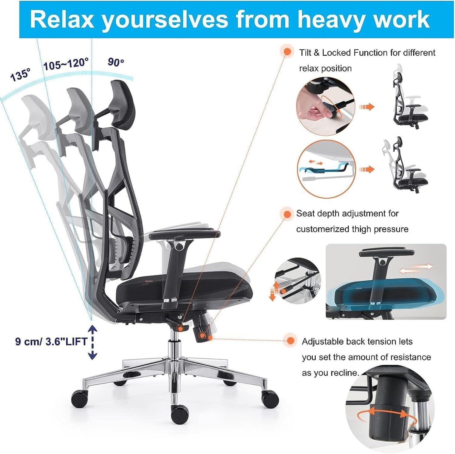 Ergonomischer Bürostuhl mit Adaptiver Rückenlehne 4D Armlehnen Schwarz