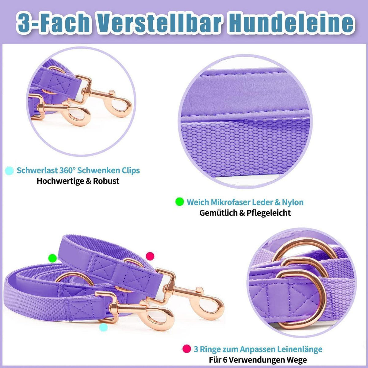 Hundehalsband & Leine Set – Rose Gold, Violett, L in Lederoptik