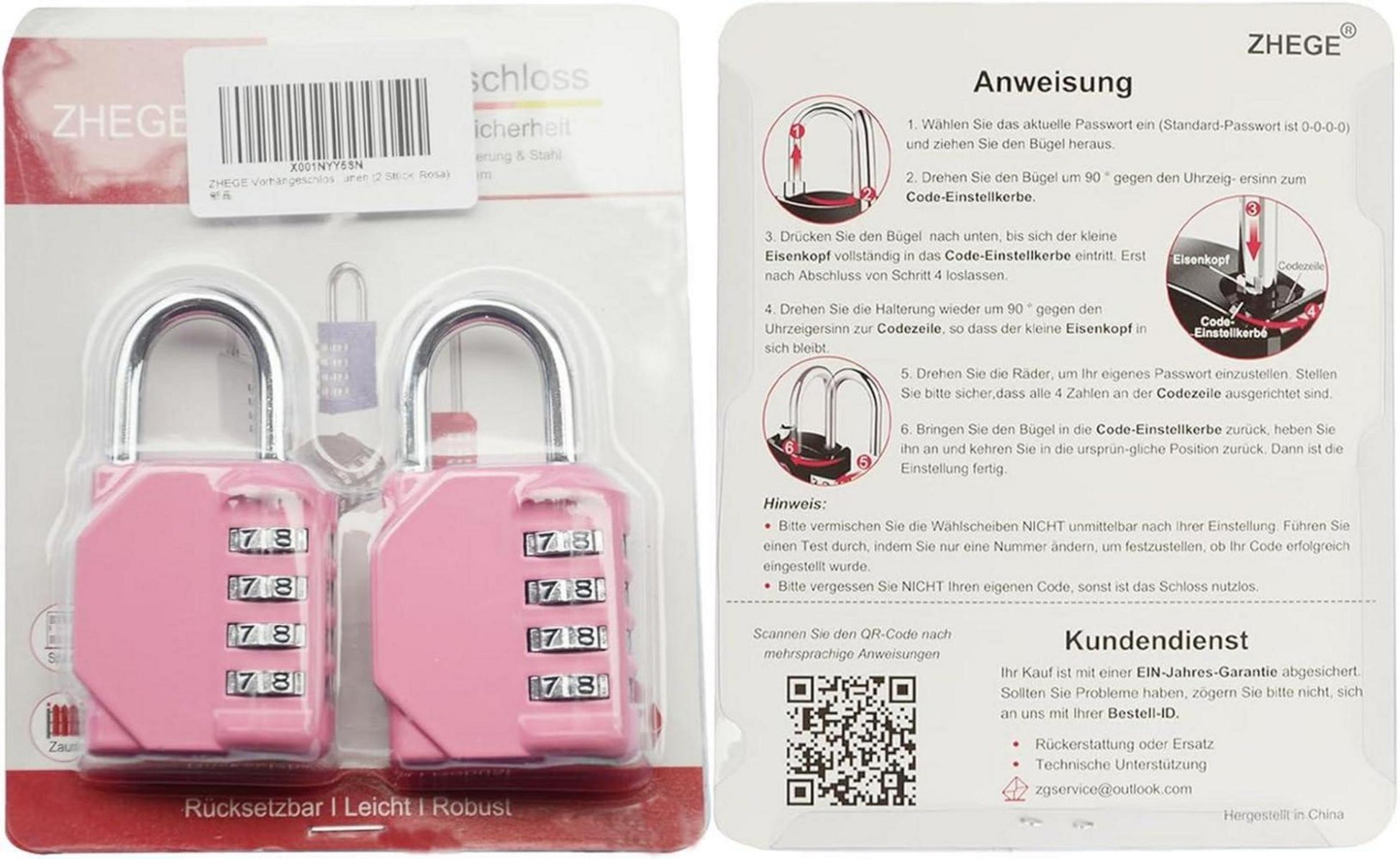 ZHEGE Vorhängeschloss 4 Stellig für Fitnessstudio und Garten, Wetterfest, Rosa (2