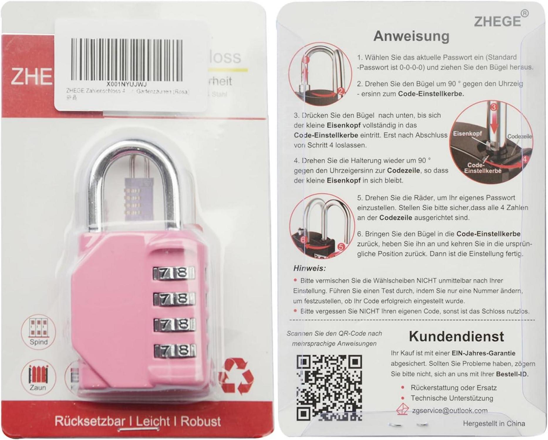 Zahlenschloss 4-stellig Vorhängeschloss Fitnessstudio Spindschloss Wetterfest Rosa