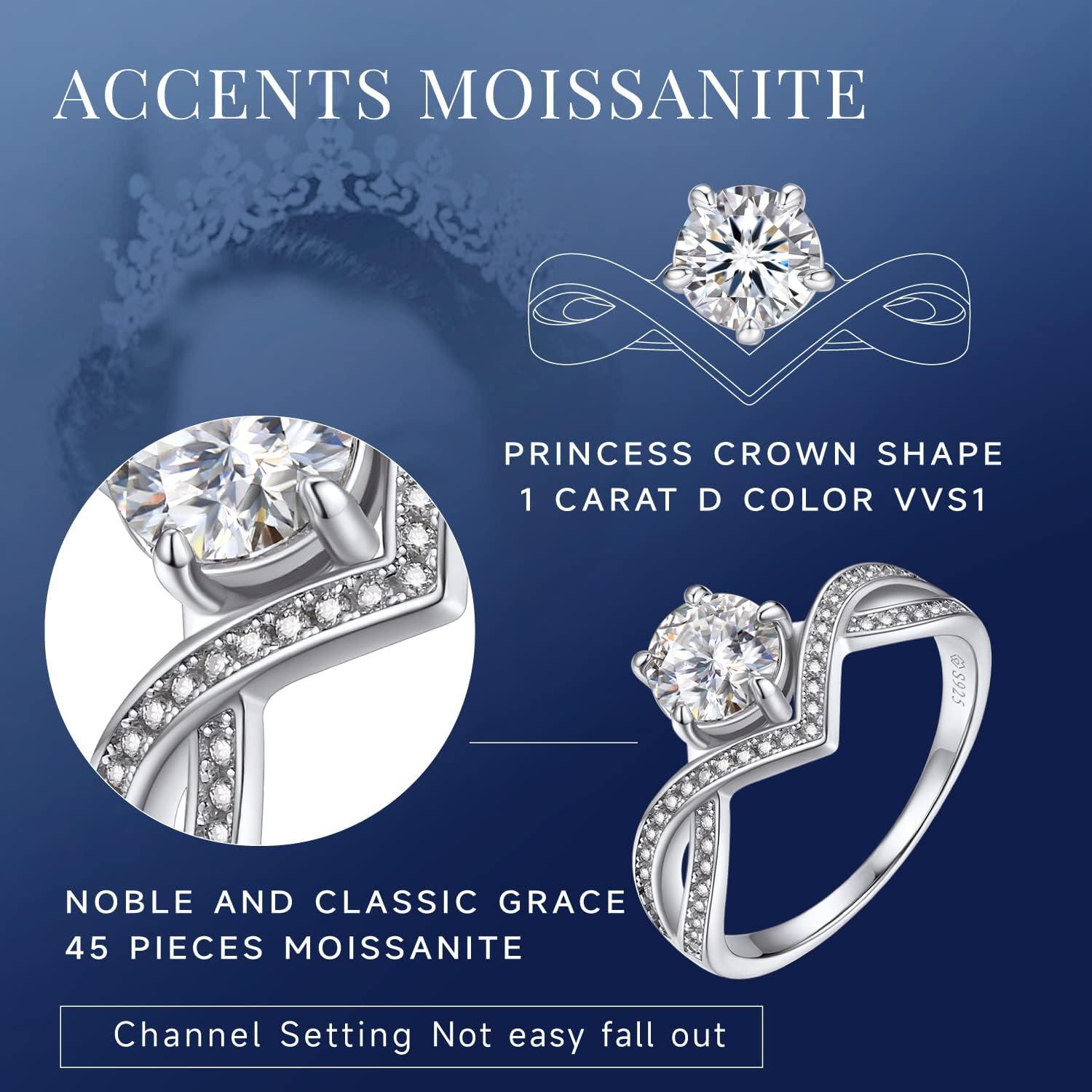 MomentWish Moissanit Verlobungsring Damen 1 Karat Silber 925 Krone Hochzeit persönlicher Geschenkbox