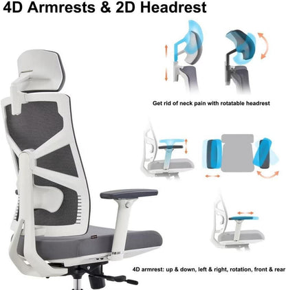 Ergonomischer Bürostuhl mit 4D Armlehnen, Weiß, Netz-Chefsessel