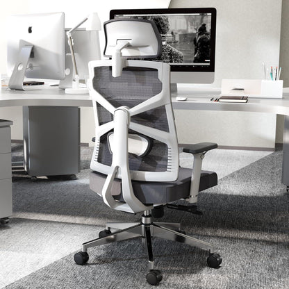Ergonomischer Bürostuhl mit 4D Armlehnen, Weiß, Netz-Chefsessel