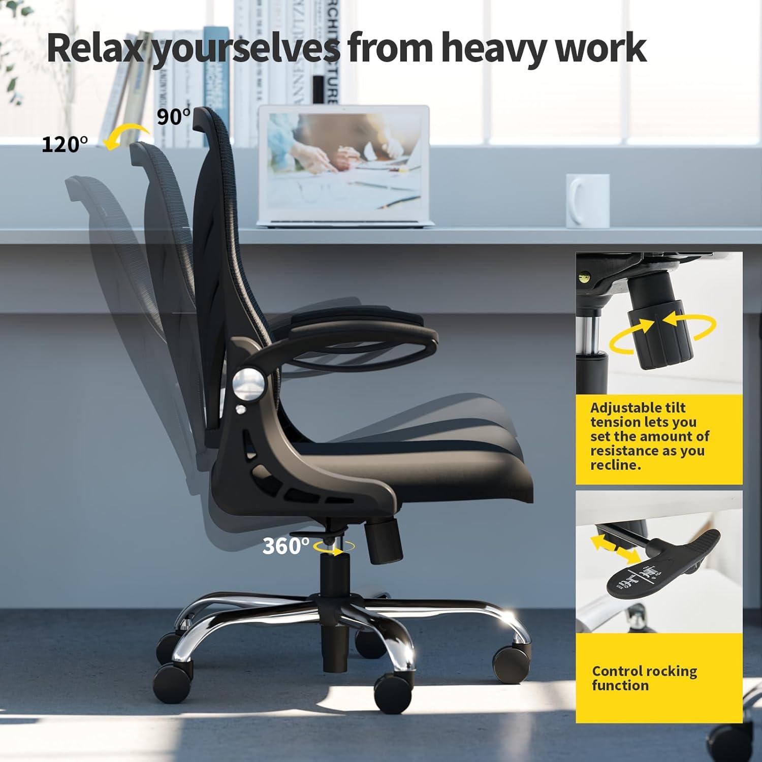 Ergonomischer Bürostuhl mit Klappbarer Rückenlehne 52 cm Sitz Armlehnen Mesh Lendenwirbelstütze - Schwarz