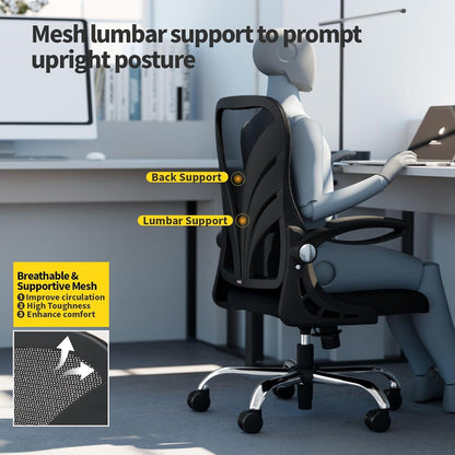 Ergonomischer Bürostuhl mit klappbarer Rückenlehne und erweitertem Sitz, Schwarz