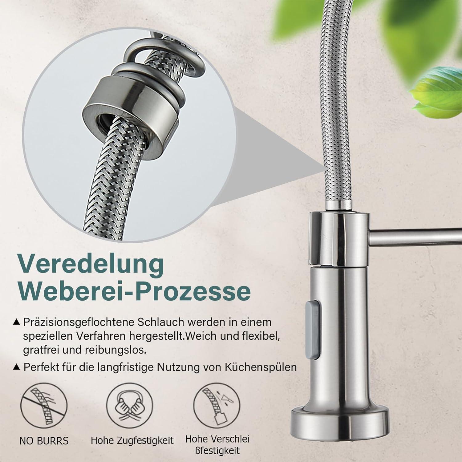 Hochdruck Küchenarmatur mit ausziehbarer Brause, 360° schwenkbar – Edelstahl