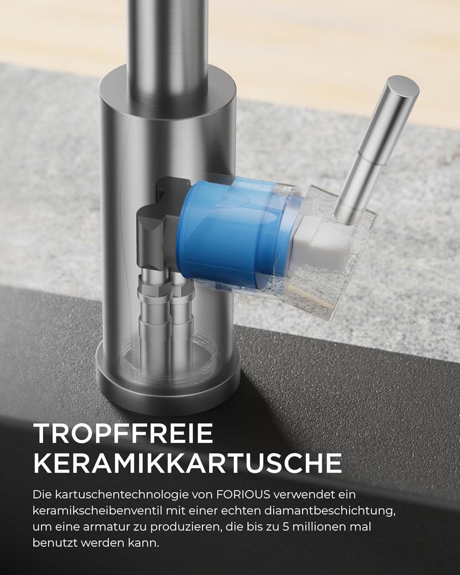 FORIOUS Hochdruck Küchenarmatur mit ausziehbarer Brause - 360° schwenkbar, zwei Sprühfunktionen, Edelstahl
