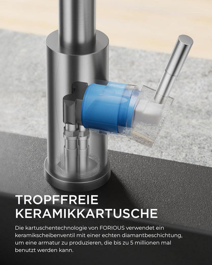FORIOUS Hochdruck Küchenarmatur mit ausziehbarer Brause - 360° schwenkbar, zwei Sprühfunktionen, Edelstahl