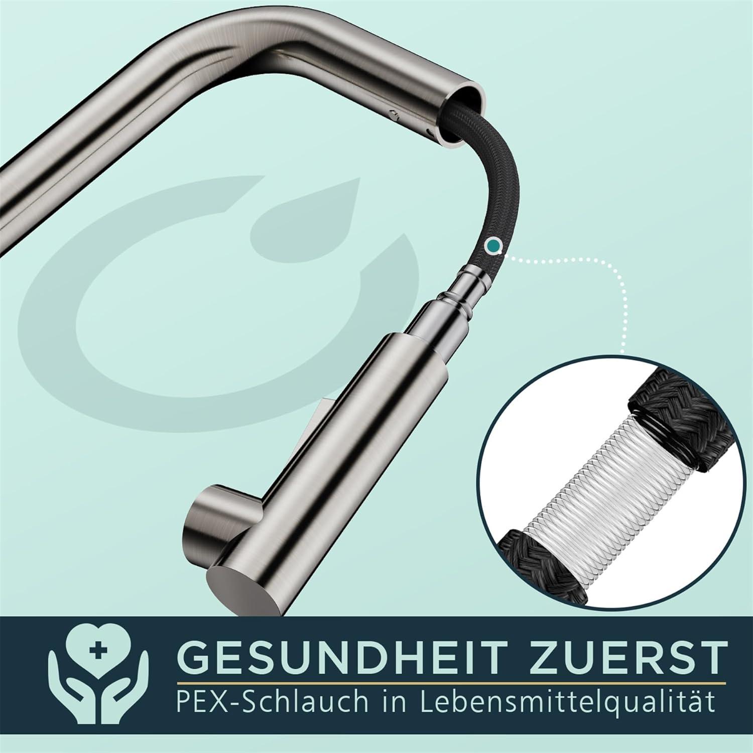 FORIOUS Hochdruck Küchenarmatur mit ausziehbarer Brause - 360° schwenkbar, zwei Sprühfunktionen, Edelstahl