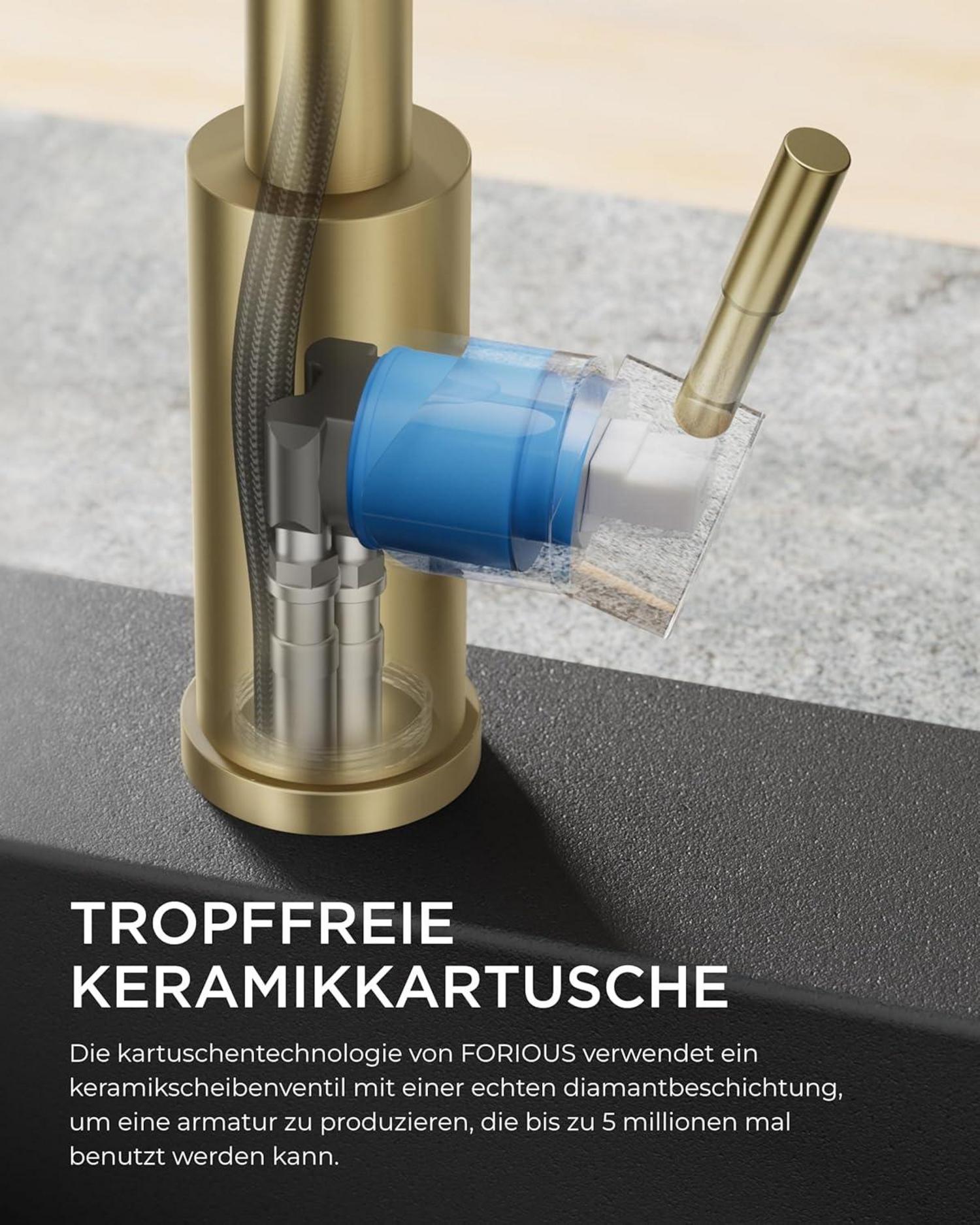 Hochdruck Küchenarmatur mit Brause, Ausziehbar 360° Schwenkbar, Gebürstetes Gold