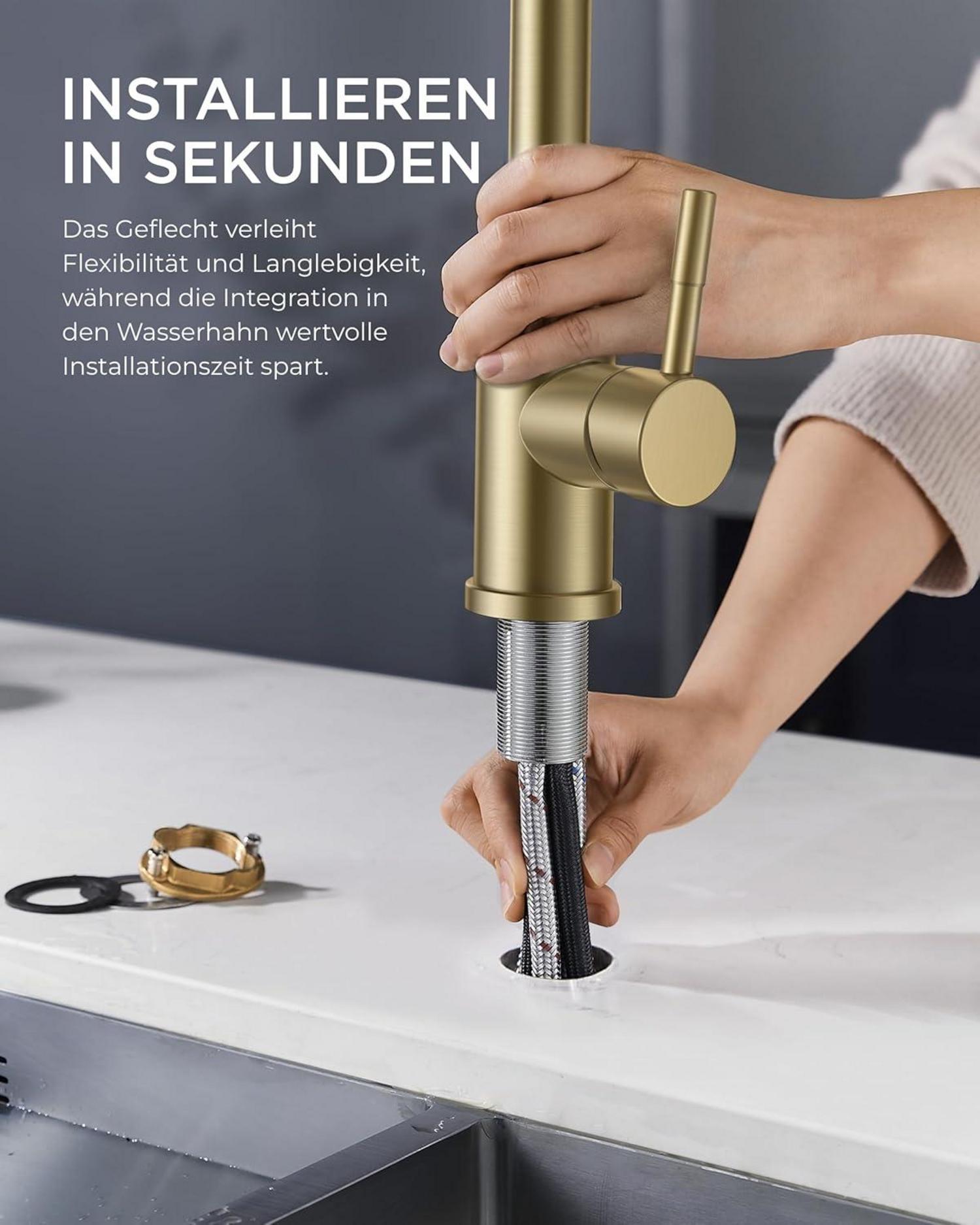 Hochdruck Küchenarmatur mit Brause, Ausziehbar, 360° Schwenkbar, Gold