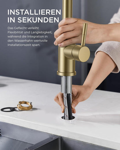 Hochdruck Küchenarmatur mit Brause, Ausziehbar, 360° Schwenkbar, Gold