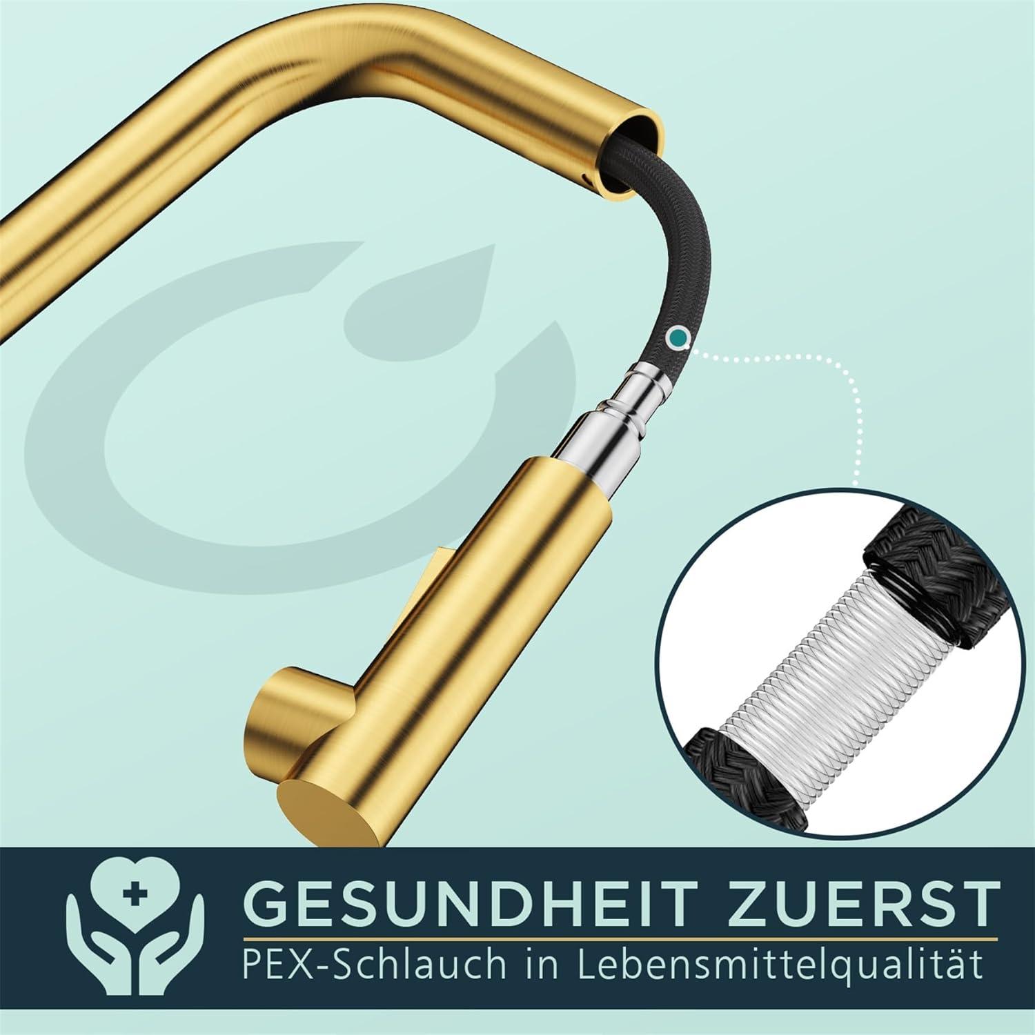 Hochdruck Küchenarmatur mit Brause, Ausziehbar 360° Schwenkbar, Gebürstetes Gold
