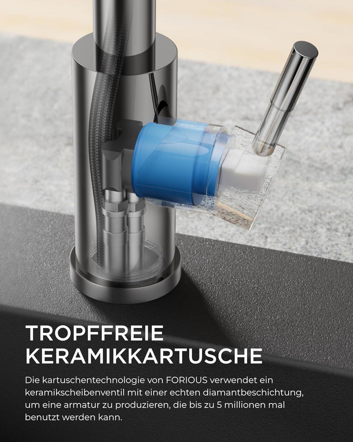 FORIOUS Hochdruck Küchenarmatur mit ausziehbarer Brause und 360° Schwenkbarkeit