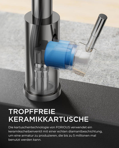 FORIOUS Hochdruck Küchenarmatur mit ausziehbarer Brause und 360° Schwenkbarkeit