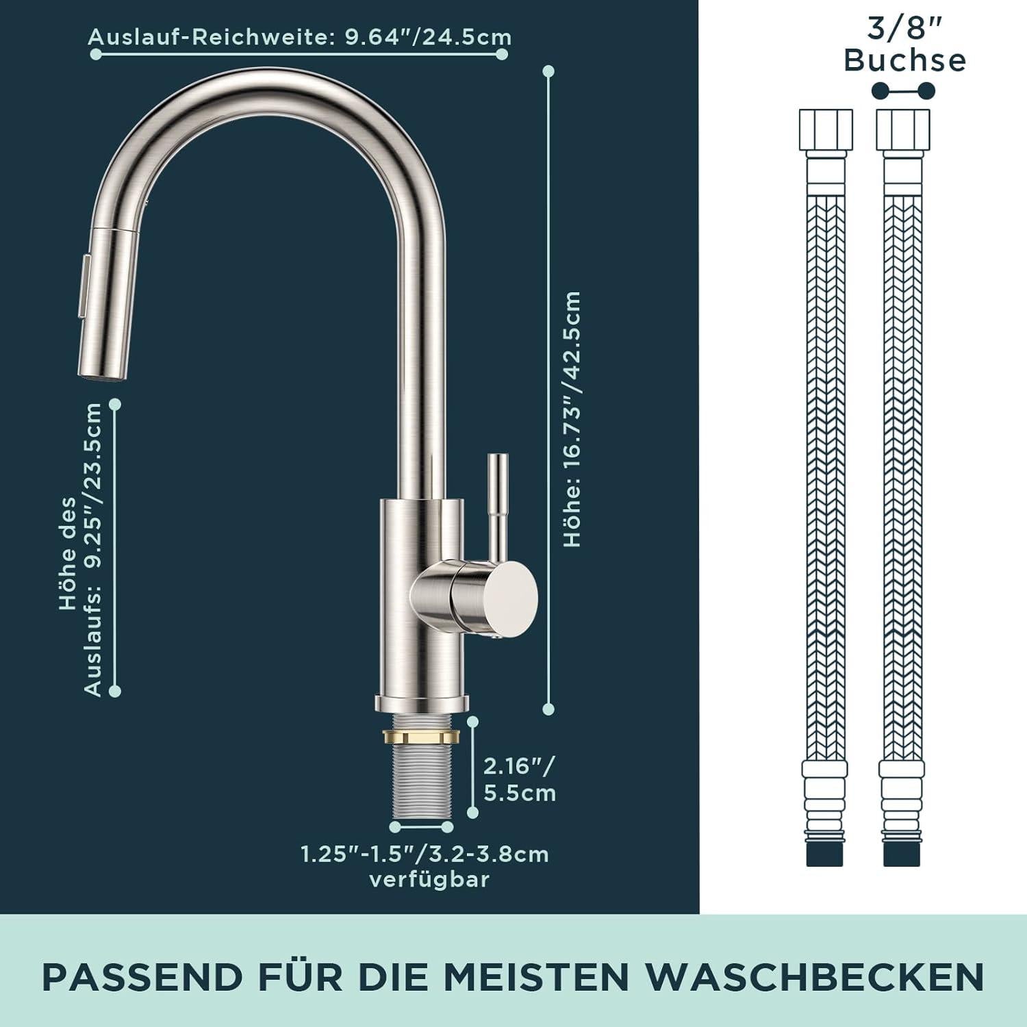 Wasserhahn Küche Hoher Bogen mit Herausziehbarer Brause Edelstahl