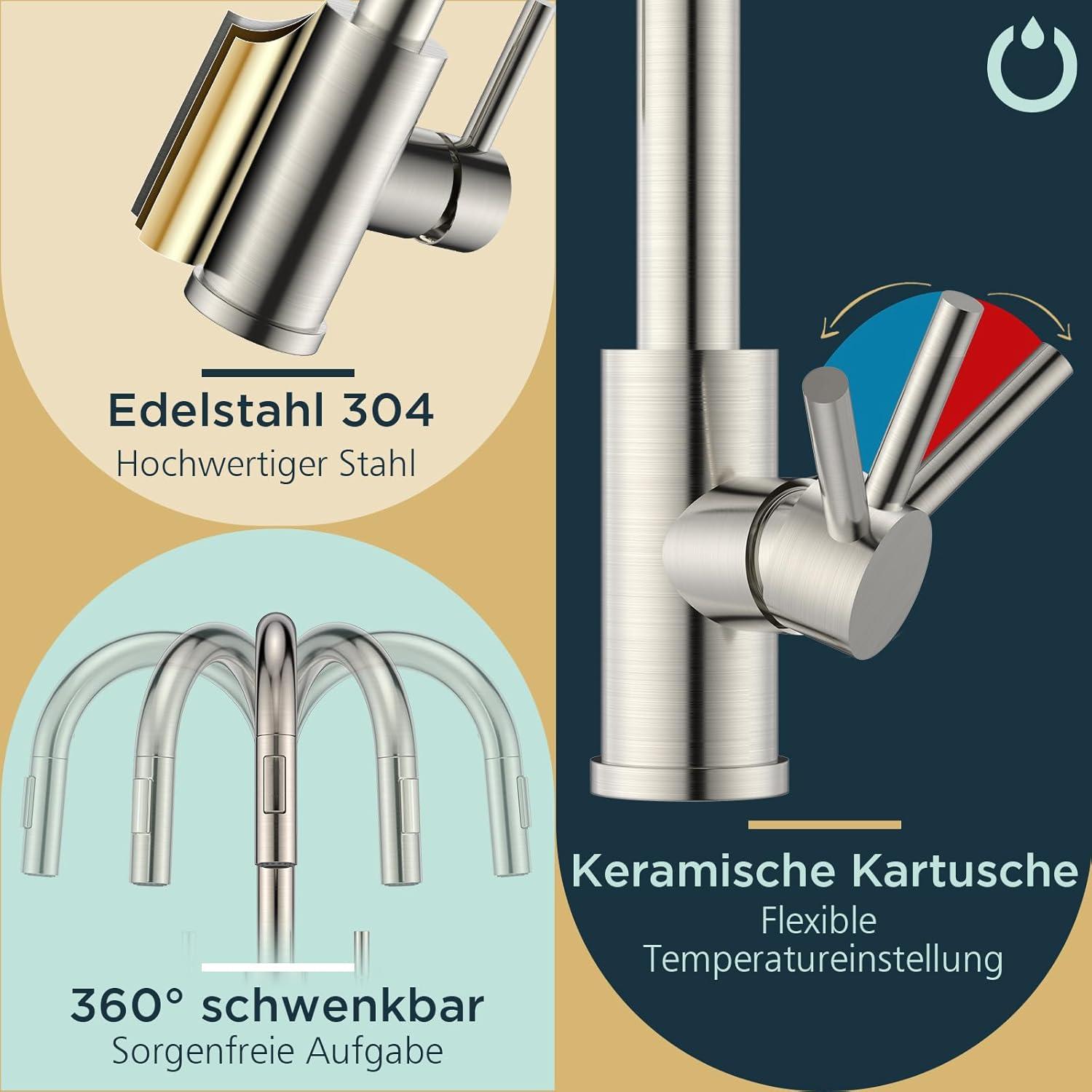 Küchenarmatur Hoher Bogen mit Ausziehbarer Brause Edelstahl