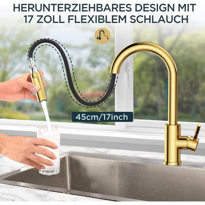 Küchenarmatur mit ausziehbarer Brause, gebürstetes Gold