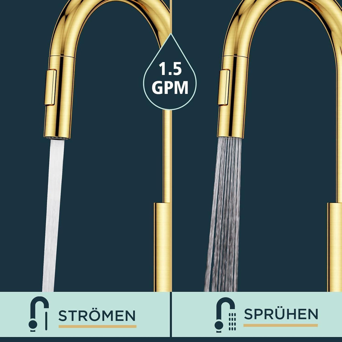 Küchenarmatur mit ausziehbarer Brause, gebürstetes Gold