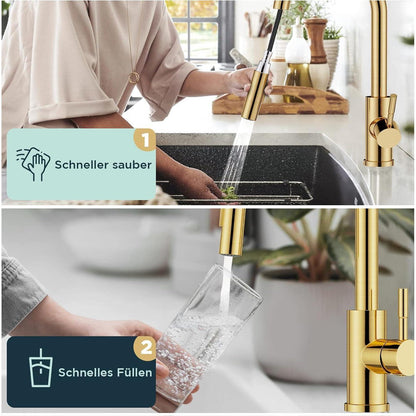 Küchenarmatur mit ausziehbarer Brause, gebürstetes Gold