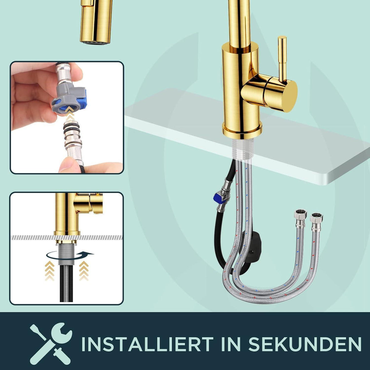 Küchenarmatur mit ausziehbarer Brause, gebürstetes Gold