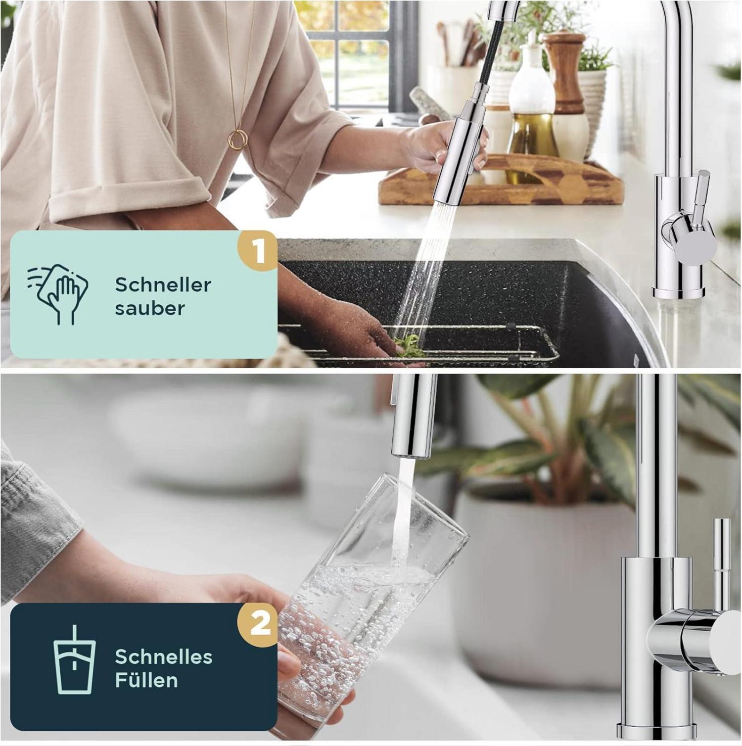 FORIOUS Wasserhahn Küche mit Herausziehbarer Brause, 360° Schwenkbar