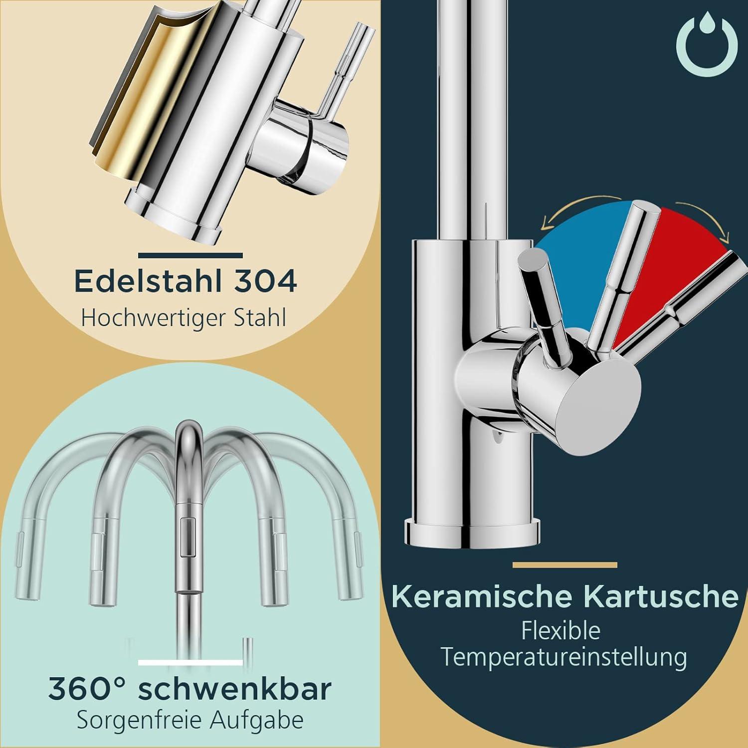 FORIOUS Küchenarmatur mit Herausziehbarer Brause, 360° Schwenkbar