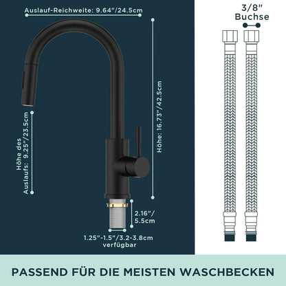 Wasserhahn Küchenarmatur Schwarz hoher Bogen mit Herausziehbarer
