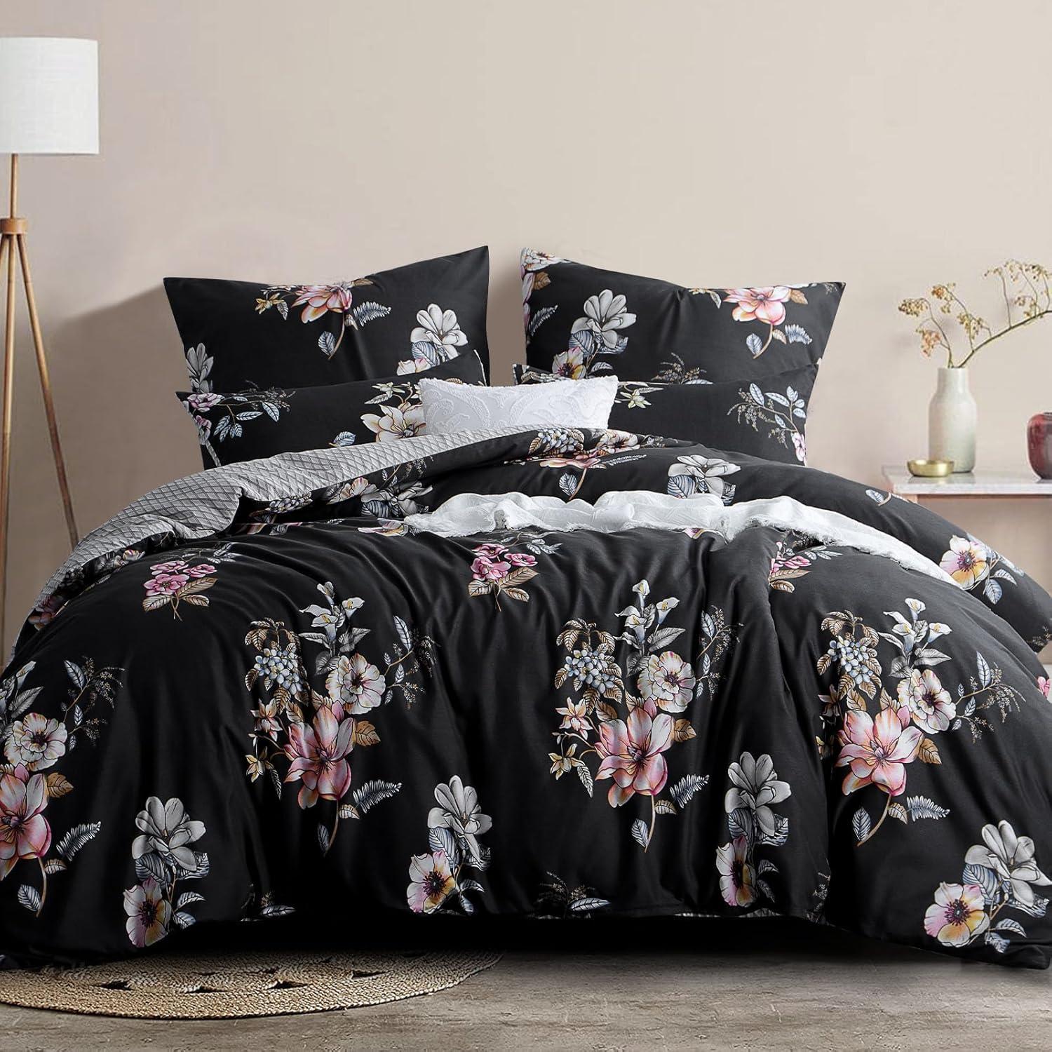 Bettwäsche Set Blumenmuster Mikrofaser Schwarz 200x220 Weich
