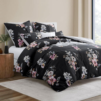 Bettwäsche Set Schwarz Blumenmuster 200x200cm Mikrofaser mit