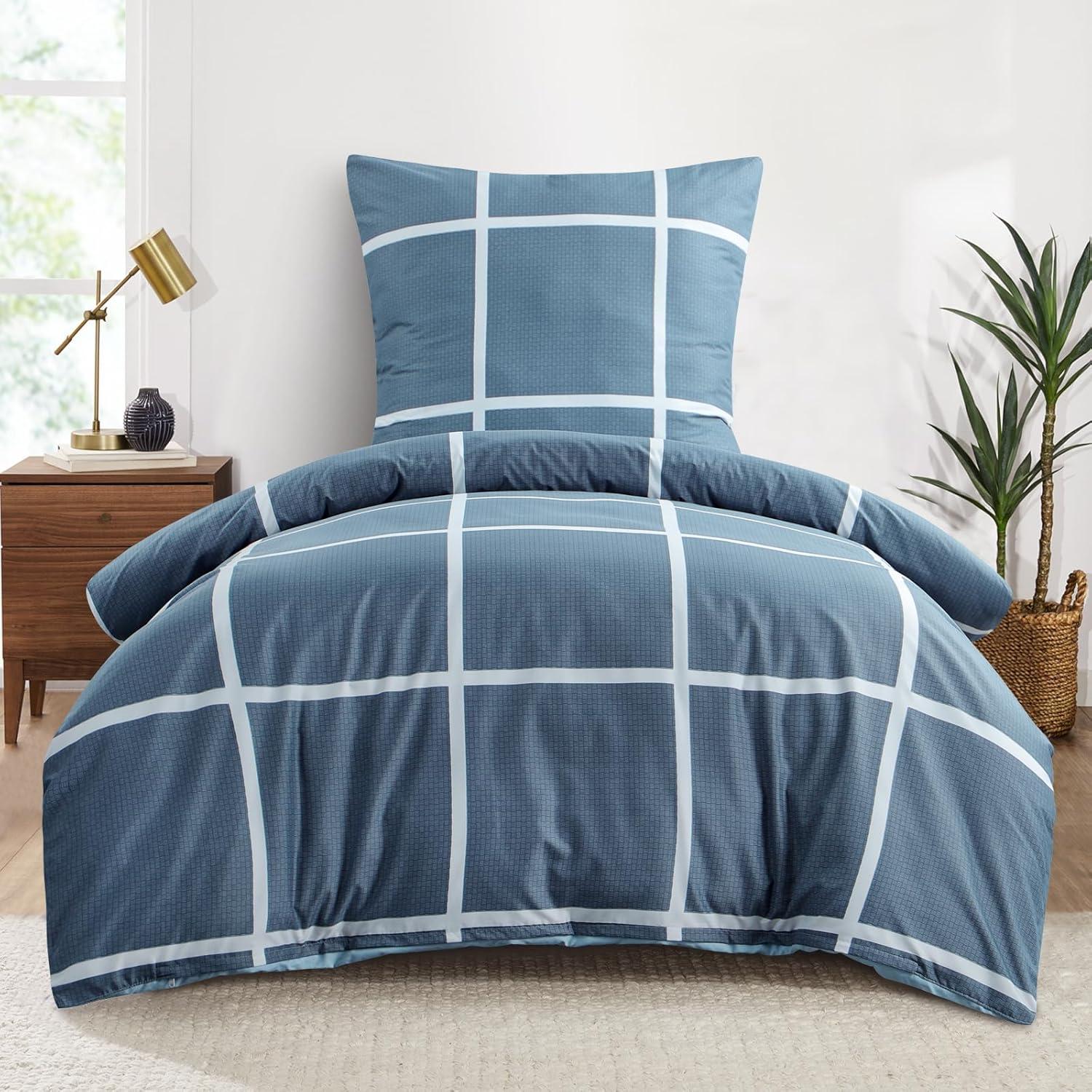 Bettwäsche-Set Karo Muster Mikrofaser Reißverschluss Blau 155x220