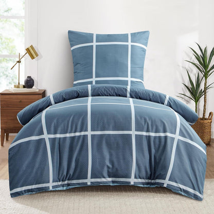 Bettwäsche-Set Karo Muster Mikrofaser Reißverschluss Blau 155x220