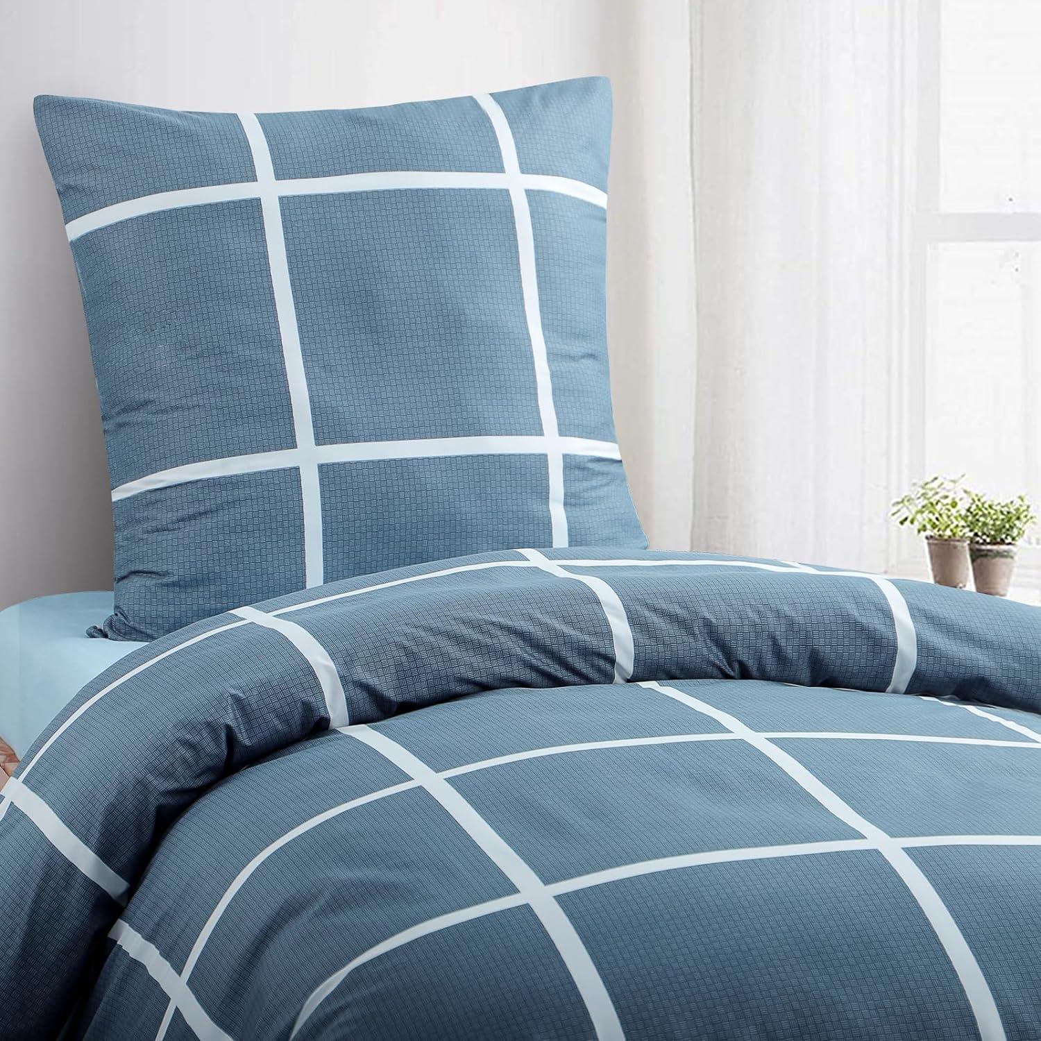 Bettwäsche-Set Karo Muster Mikrofaser Reißverschluss Blau 155x220