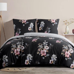 Bettwäsche Blumenmuster Mikrofaser 4-teilig Schwarz 135x200