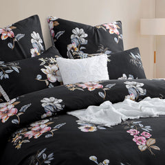 Bettwäsche Blumenmuster Mikrofaser 4-teilig Schwarz 135x200