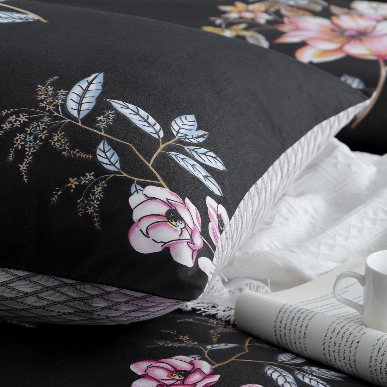 Bettwäsche Set 135x200 Schwarz Blumen Mikrofaser