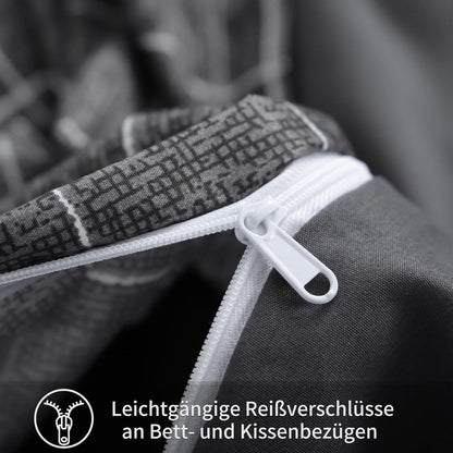 Bettwäsche Set 155x220 Anthrazit Gittermuster Mikrofaser Reißverschluss