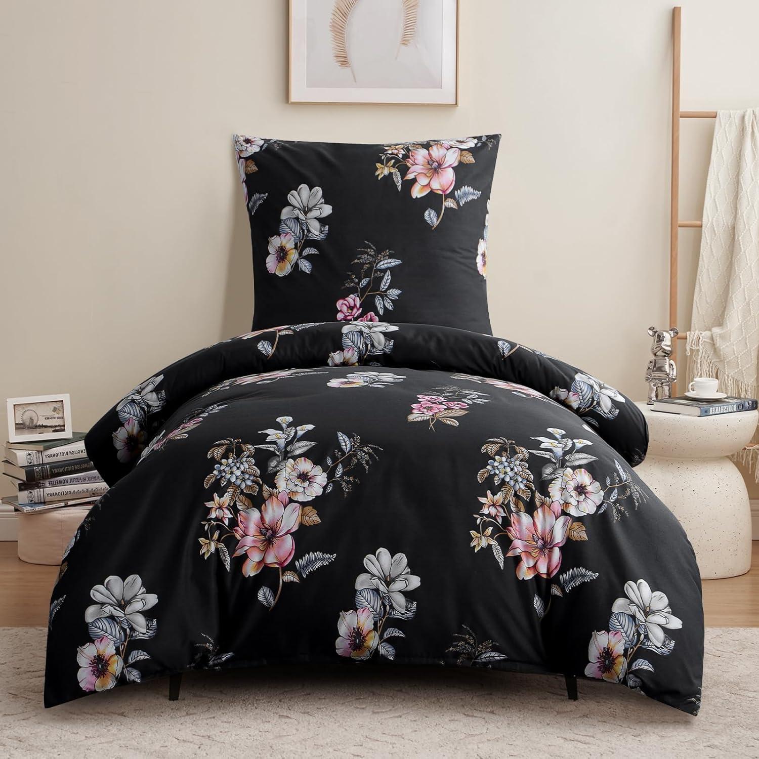 Bettwäsche Set Blumenmuster Mikrofaser Reißverschluss 155x220 Schwarz